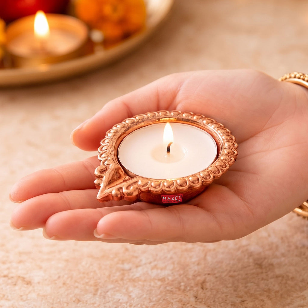 Copper Diya Deepak with Wick Holder, Flower Embossed Oil Lamp