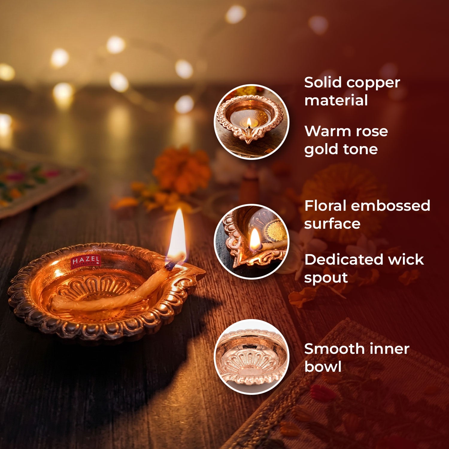 Copper Diya Deepak with Wick Holder, Flower Embossed Oil Lamp