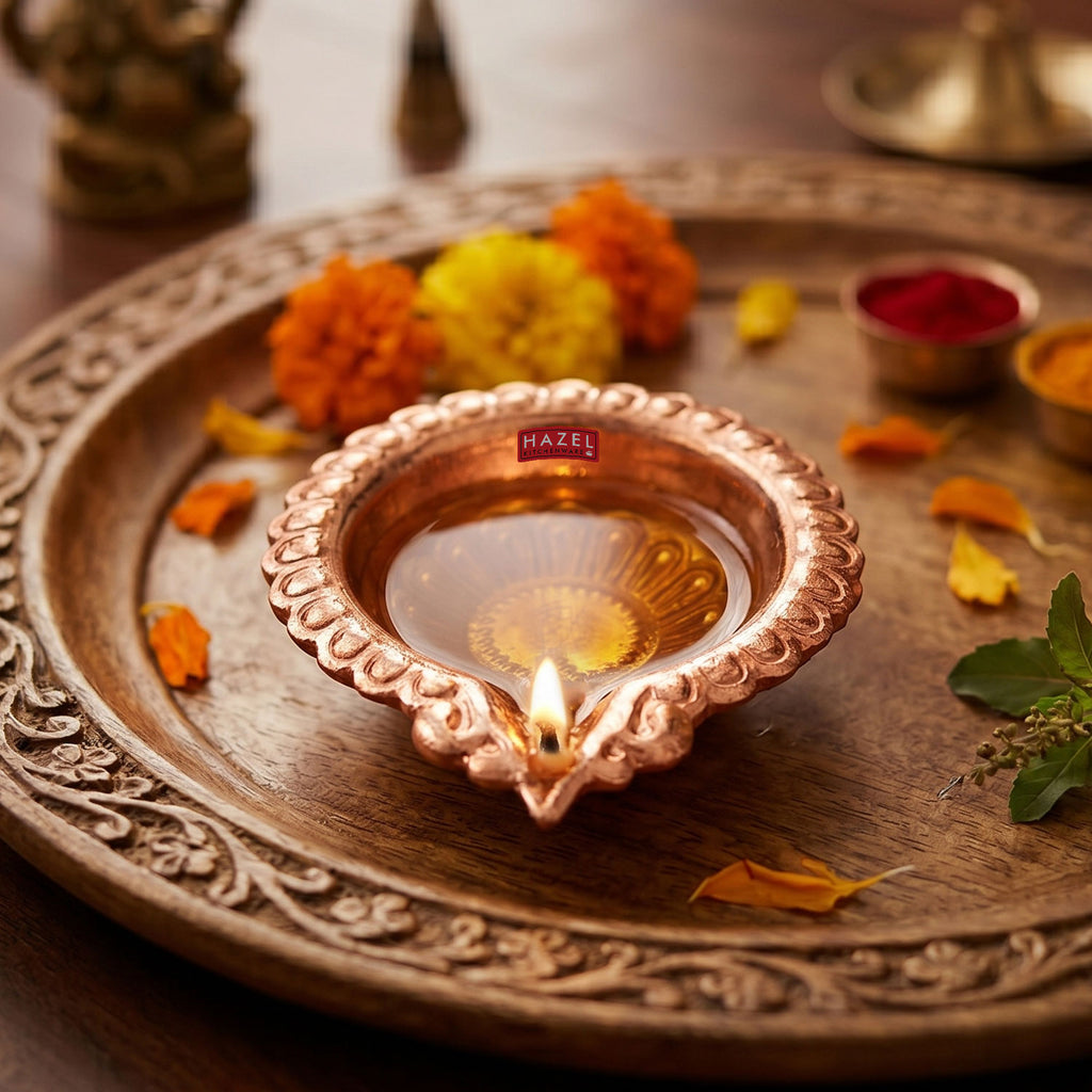 Copper Diya Deepak with Wick Holder, Flower Embossed Oil Lamp