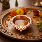 Copper Diya Deepak with Wick Holder, Flower Embossed Oil Lamp