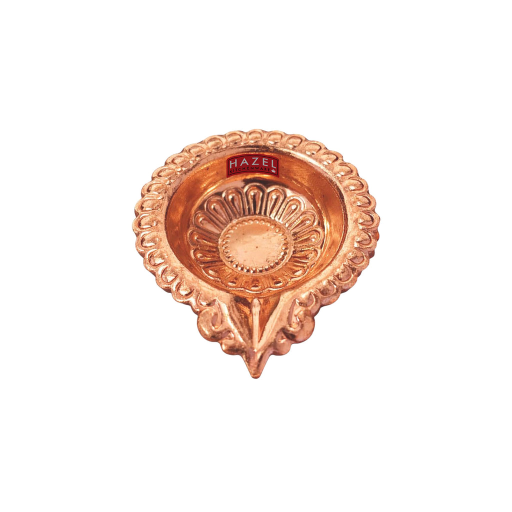 Copper Diya Deepak with Wick Holder, Flower Embossed Oil Lamp