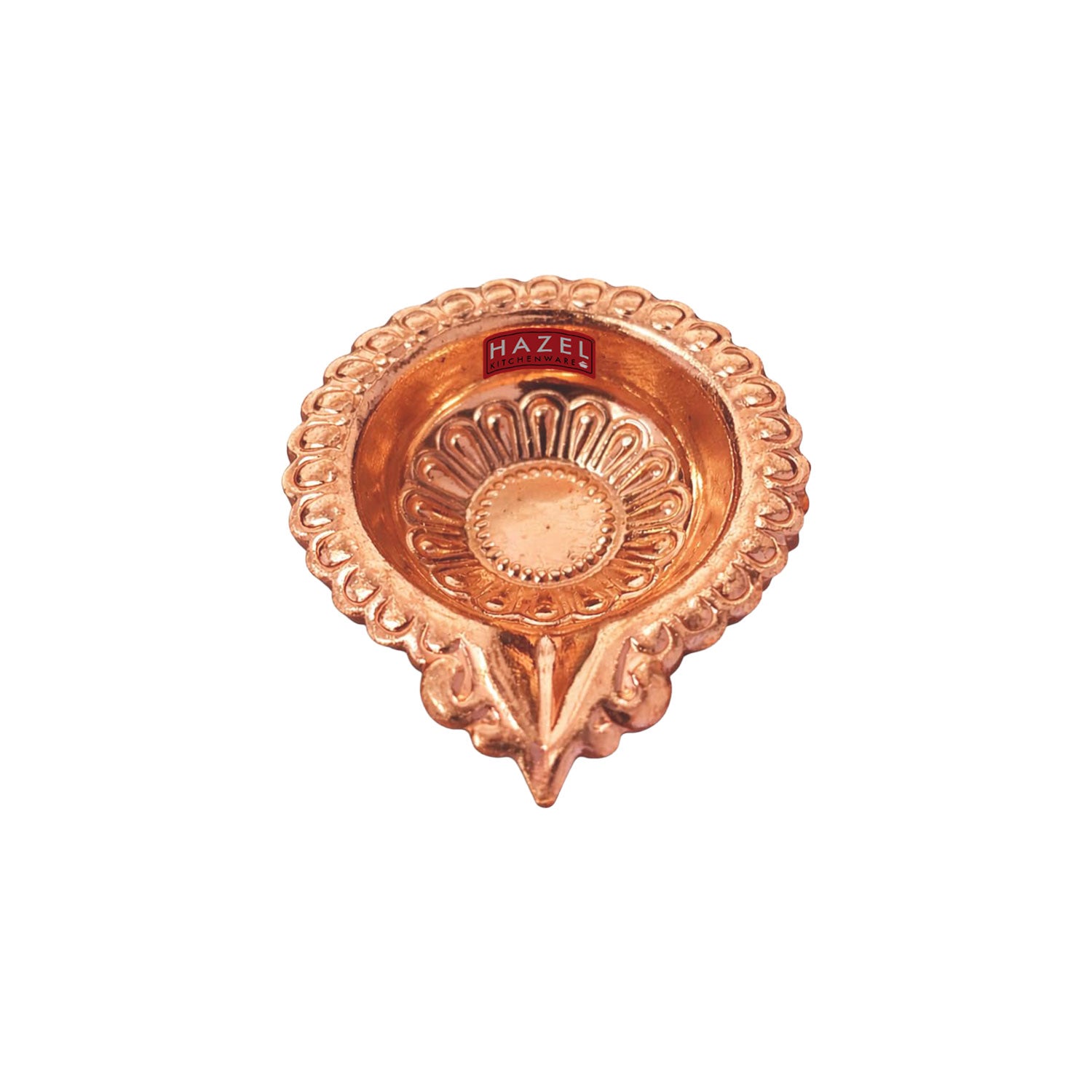 Copper Diya Deepak with Wick Holder, Flower Embossed Oil Lamp