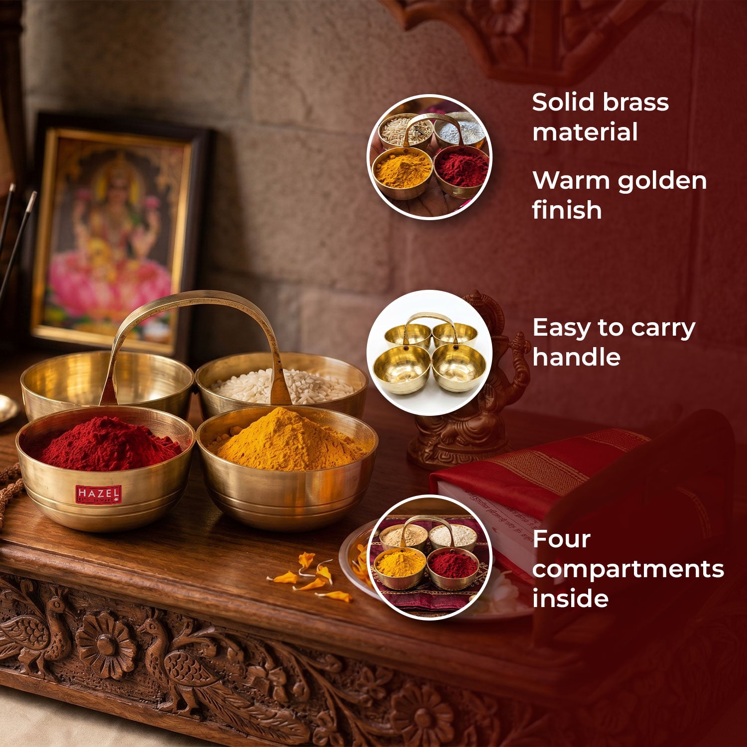 Brass Chomukha Kankavati for Pooja, Traditional Kumkum Haldi Holder with Handle