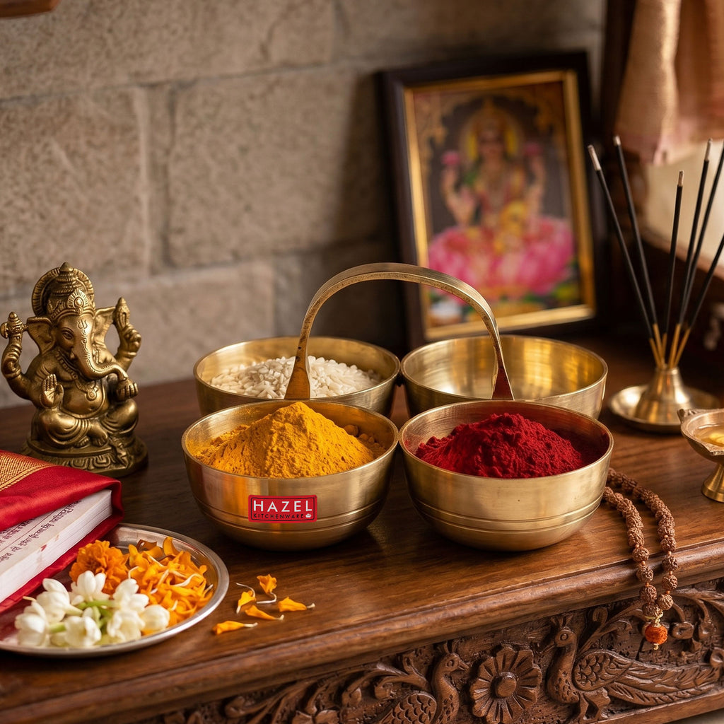Brass Chomukha Kankavati for Pooja, Traditional Kumkum Haldi Holder with Handle