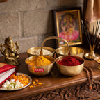 Brass Chomukha Kankavati for Pooja, Traditional Kumkum Haldi Holder with Handle