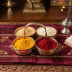 Brass Chomukha Kankavati for Pooja, Traditional Kumkum Haldi Holder with Handle