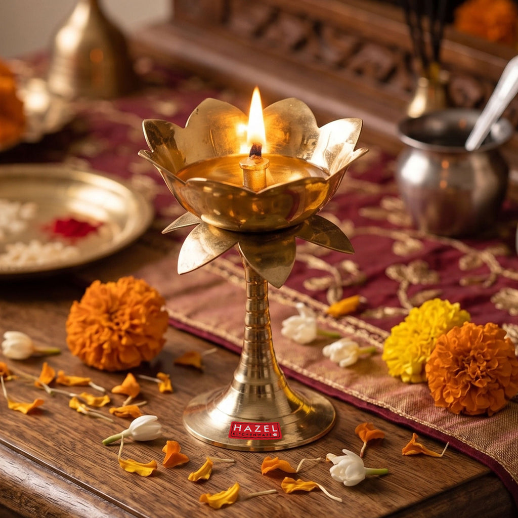 Brass Lotus Diya Tall Design, Decorative Oil Lamp for Pooja Room