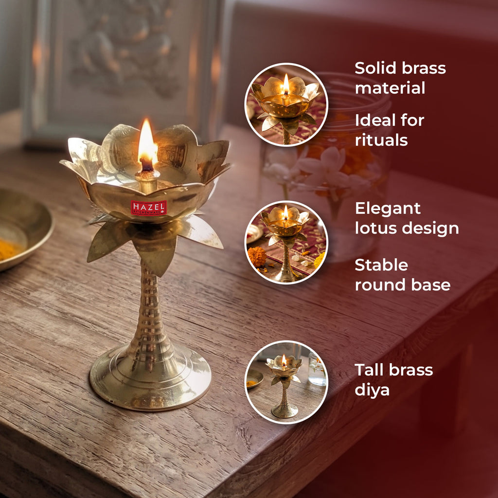 Brass Lotus Diya Tall Design, Decorative Oil Lamp for Pooja Room