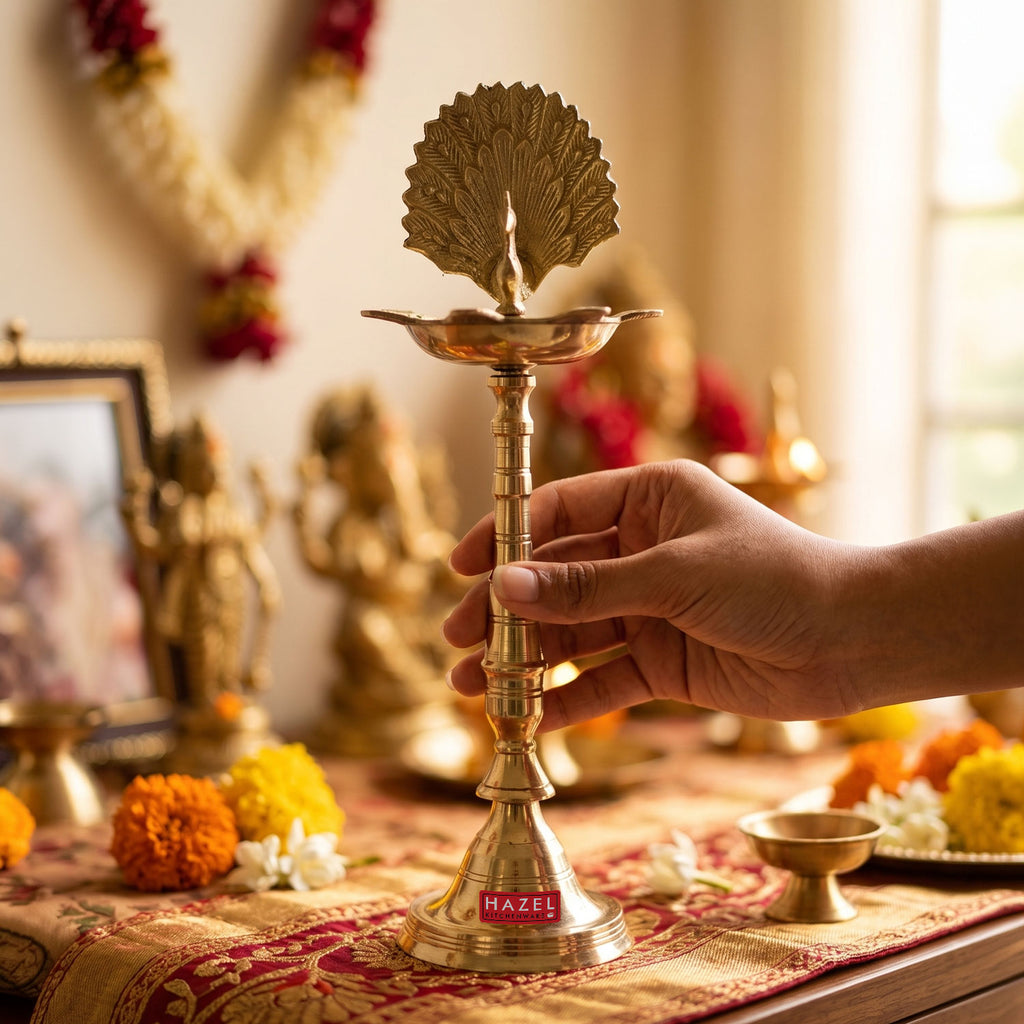 Brass Samai Diya for Pooja Room, Traditional Oil Lamp Deepam Jyot for Temple