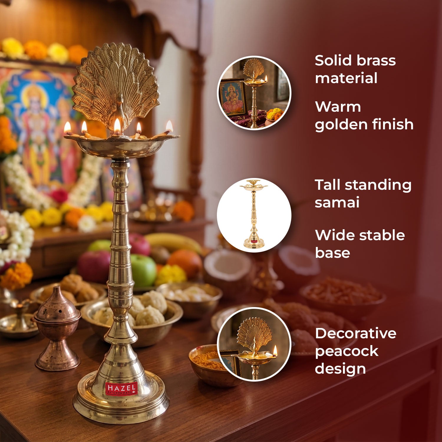 Brass Samai Diya for Pooja Room, Traditional Oil Lamp Deepam Jyot for Temple