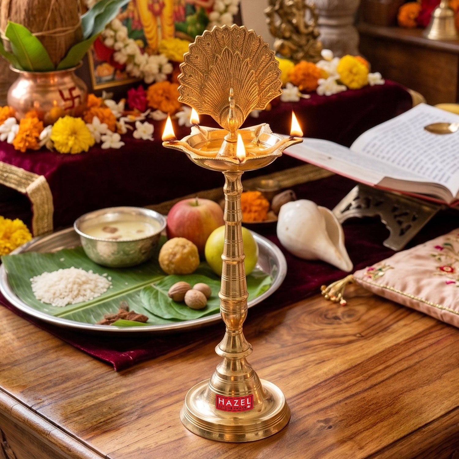 Brass Samai Diya for Pooja Room, Traditional Oil Lamp Deepam Jyot for Temple