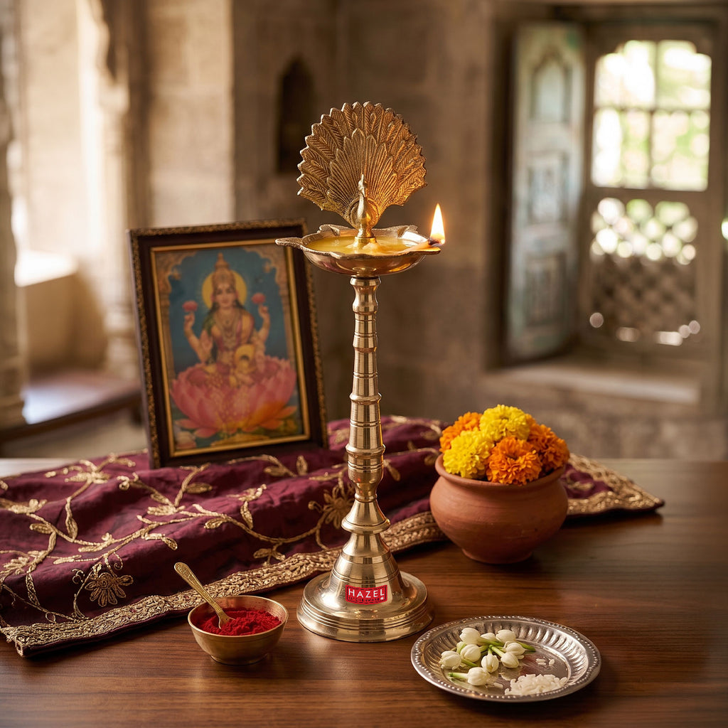 Brass Samai Diya for Pooja Room, Traditional Oil Lamp Deepam Jyot for Temple