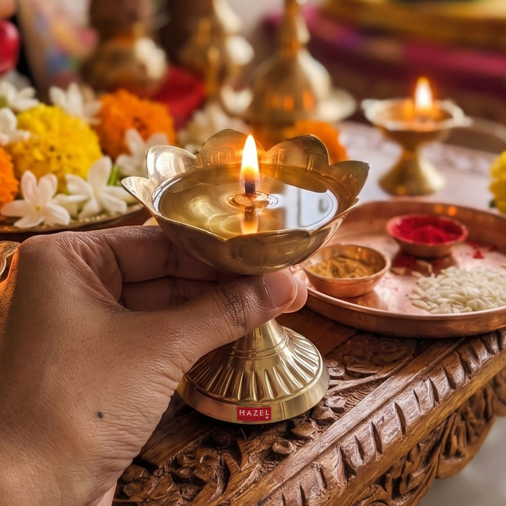 Brass Lotus Diya for Puja & Home Decor, Oil Lamp Deepak