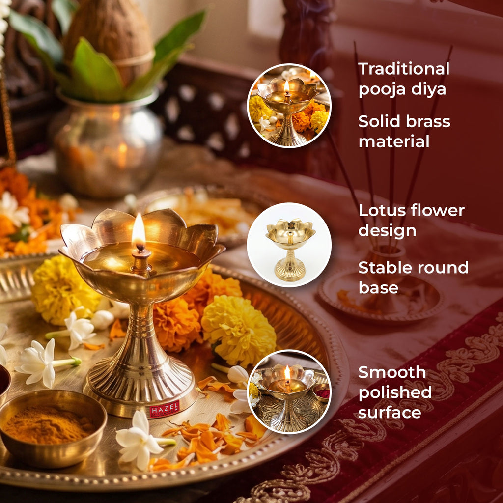 Brass Lotus Diya for Puja & Home Decor, Oil Lamp Deepak