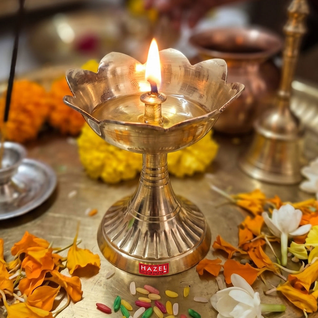 Brass Lotus Diya for Puja & Home Decor, Oil Lamp Deepak