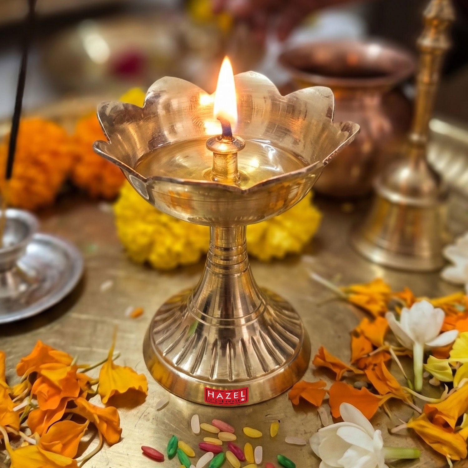 Brass Lotus Diya for Puja & Home Decor, Oil Lamp Deepak