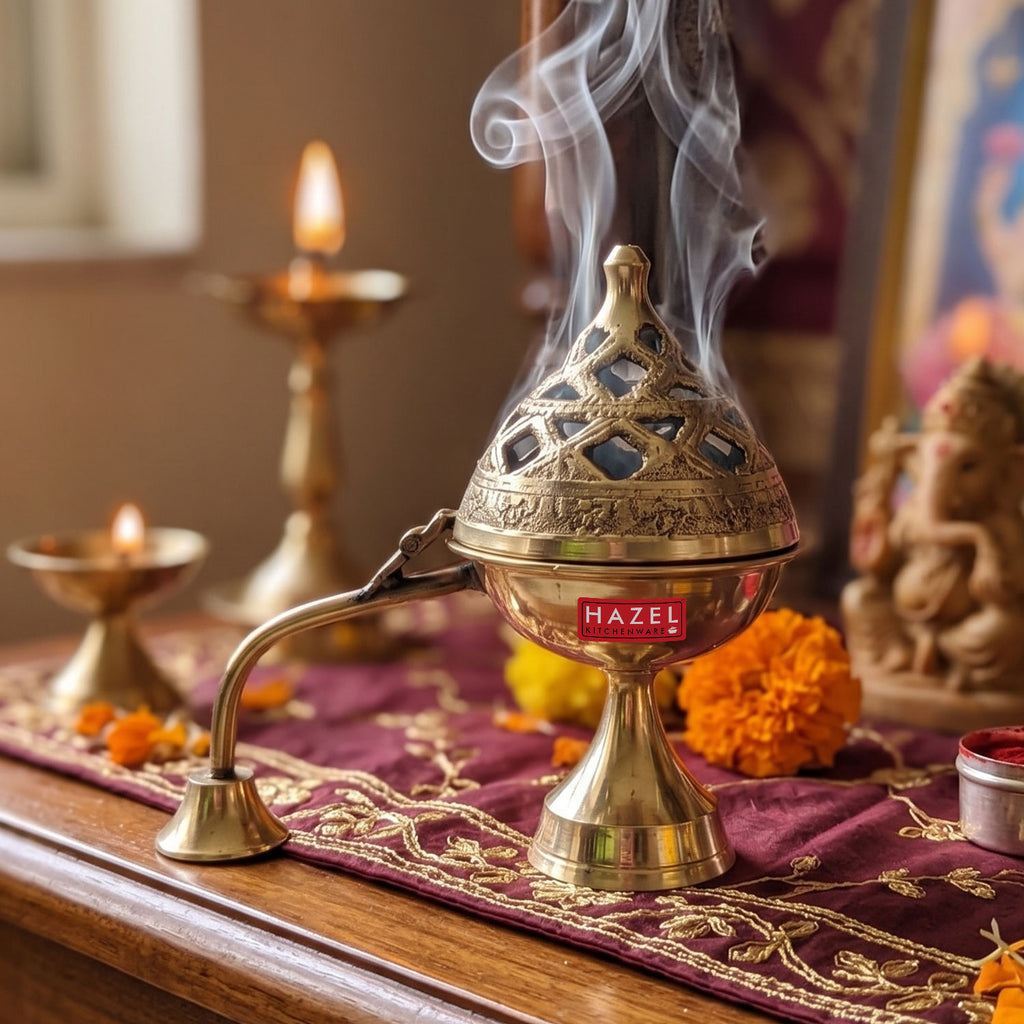 Brass Lobandan Kapoor Deep, Camphor Burner Dhoop Dani for Pooja