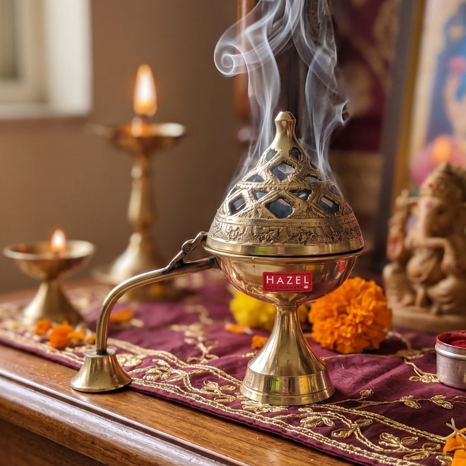 Brass Lobandan Kapoor Deep, Camphor Burner Dhoop Dani for Pooja