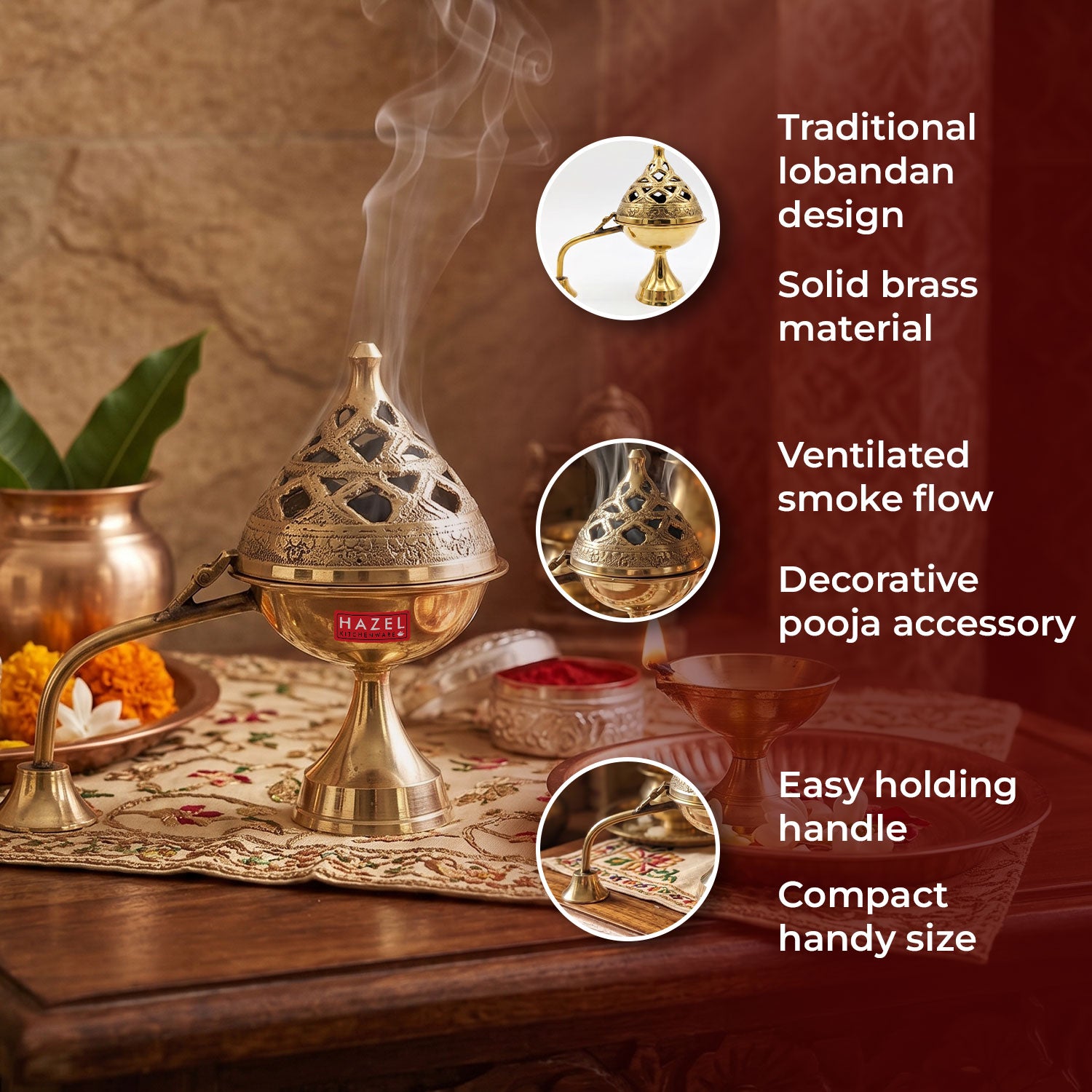 Brass Lobandan Kapoor Deep, Camphor Burner Dhoop Dani for Pooja