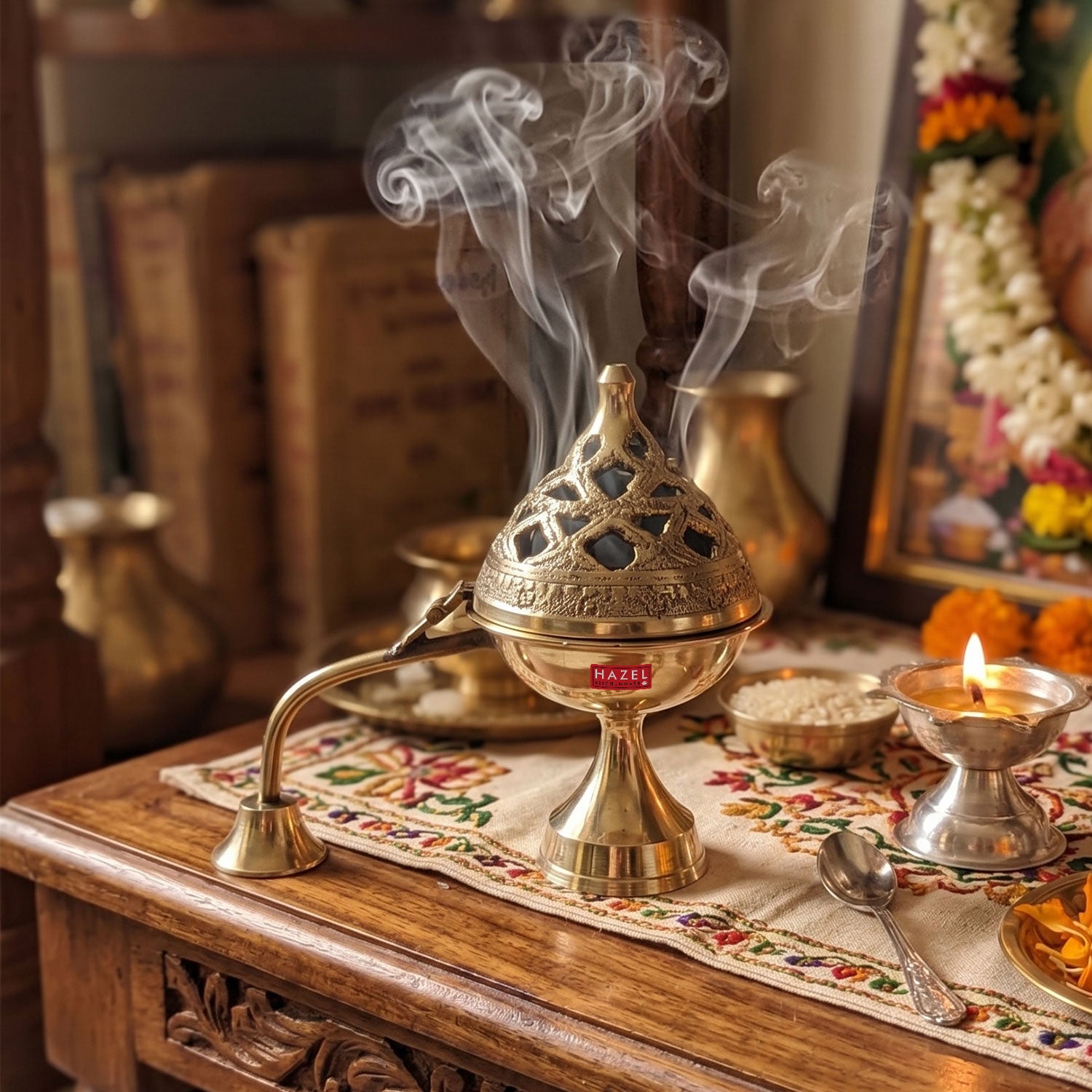 Brass Lobandan Kapoor Deep, Camphor Burner Dhoop Dani for Pooja