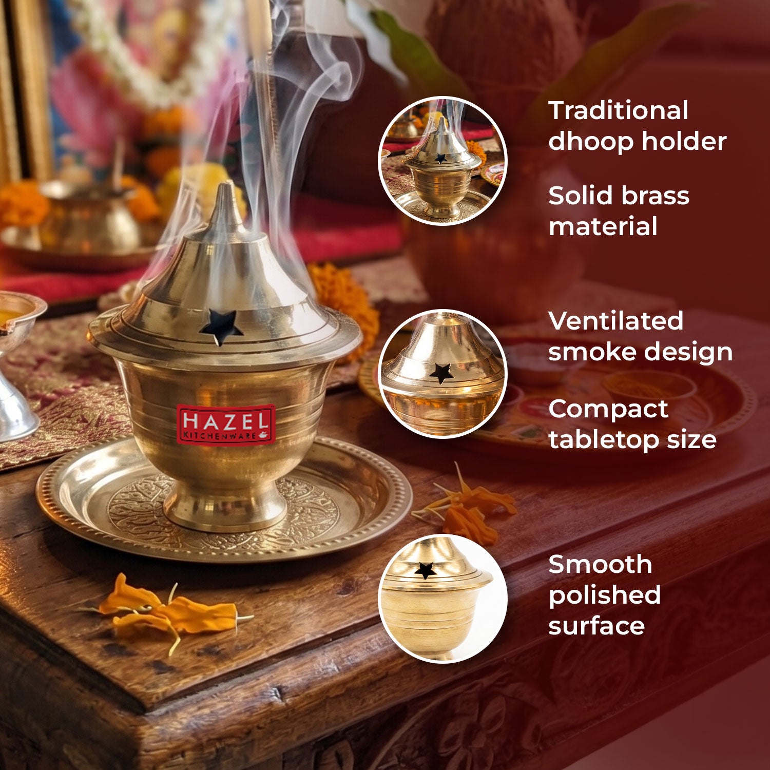 Brass Sambrani Dhoop Holder for Home & Temple, Incense Burner Stand