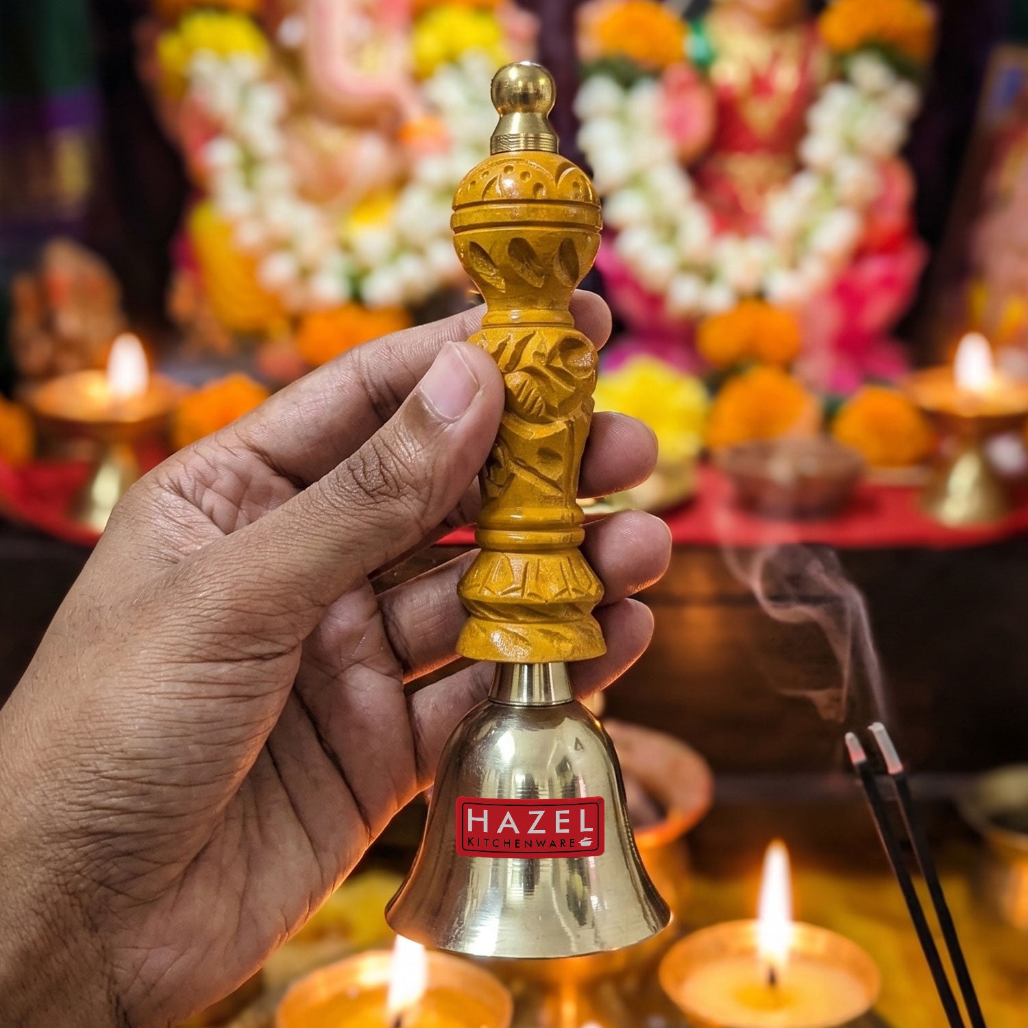 Bronze Ghanti with Wooden Handle, Traditional Hand Bell for Temple