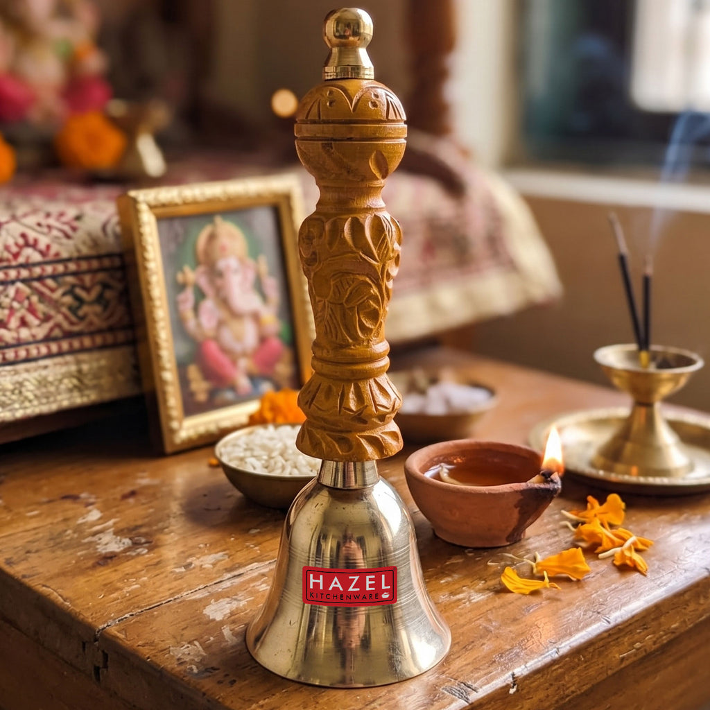 Bronze Ghanti with Wooden Handle, Traditional Hand Bell for Temple