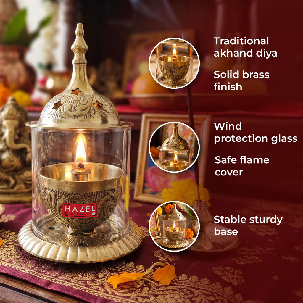 Feature infographic on an altar scene with circular insets labeling traditional akhand diya, solid brass finish