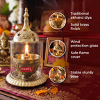 Feature infographic on an altar scene with circular insets labeling traditional akhand diya, solid brass finish