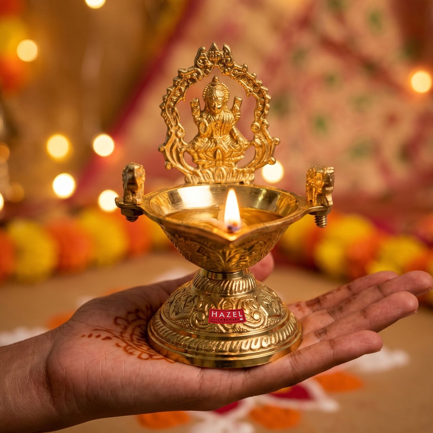 Brass Laxmi Diya for Pooja, Decorative Oil Lamp for Temple