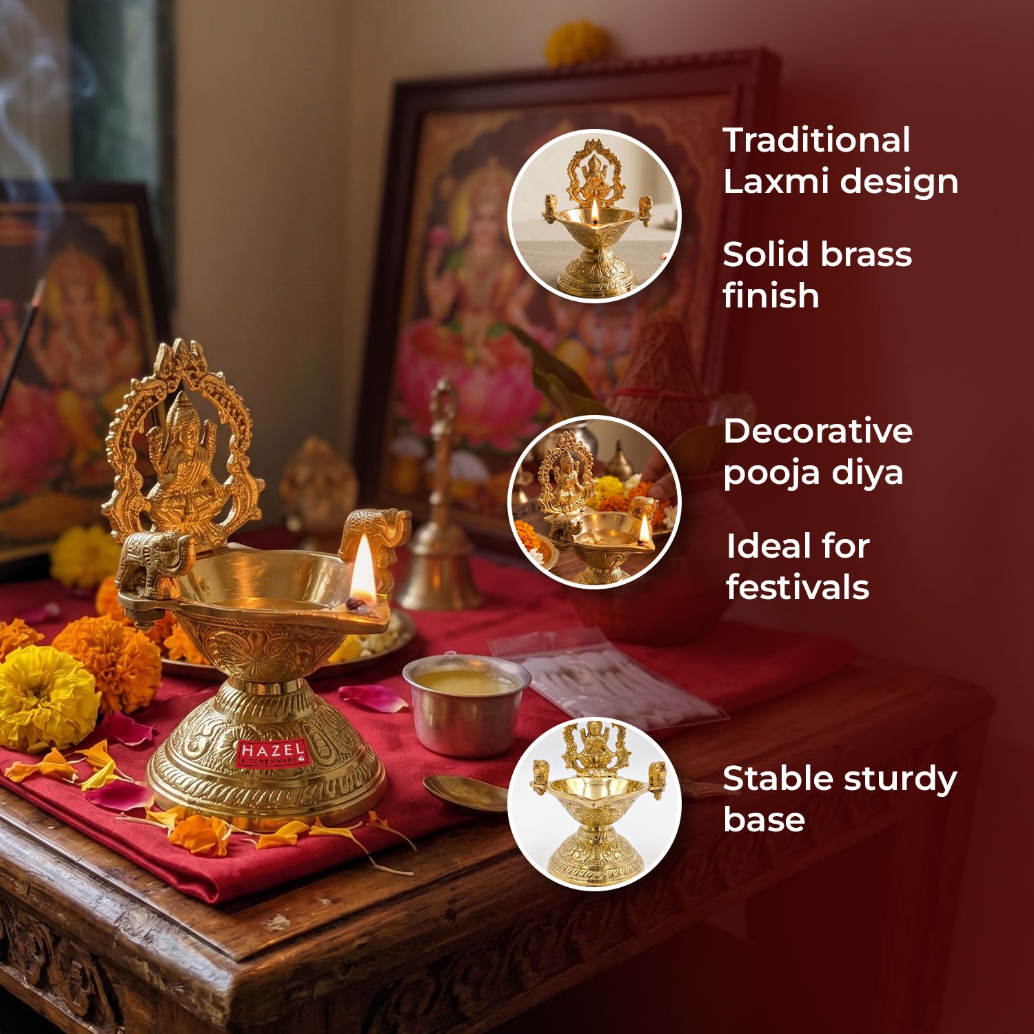 Brass Laxmi Diya for Pooja, Decorative Oil Lamp for Temple