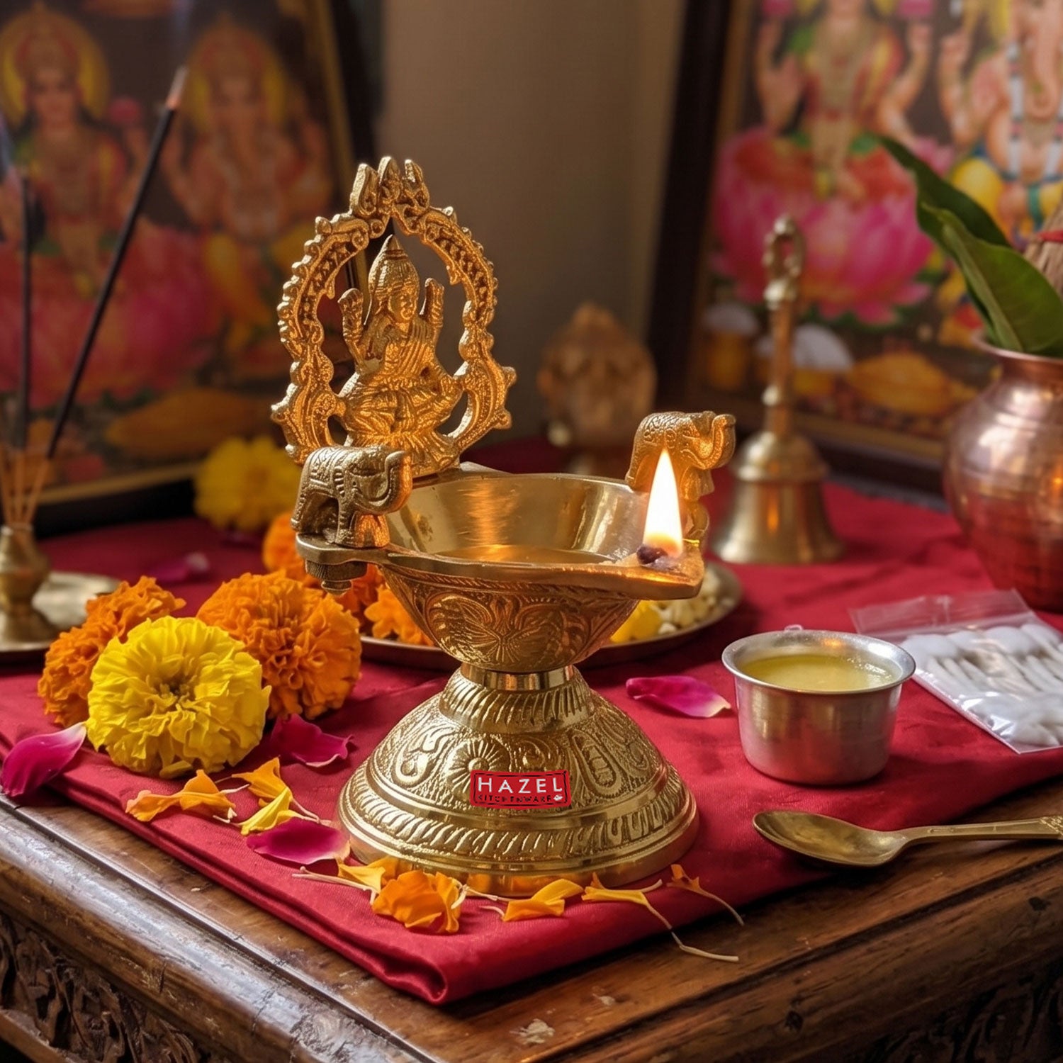 Brass Laxmi Diya for Pooja, Decorative Oil Lamp for Temple