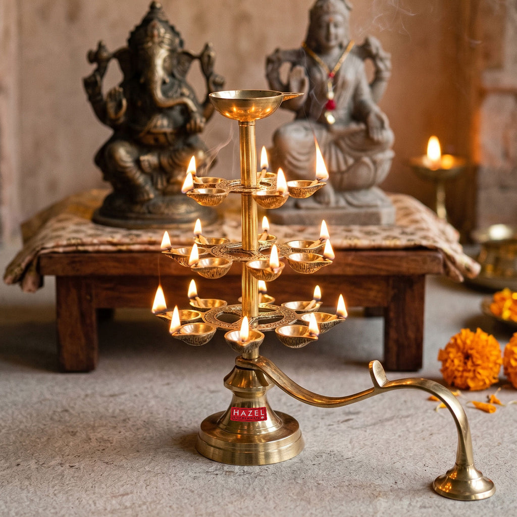 4 Tier 21 Wicks Brass Ganga Aarti Diya, Brass Pooja Aarti Lamp for Temple