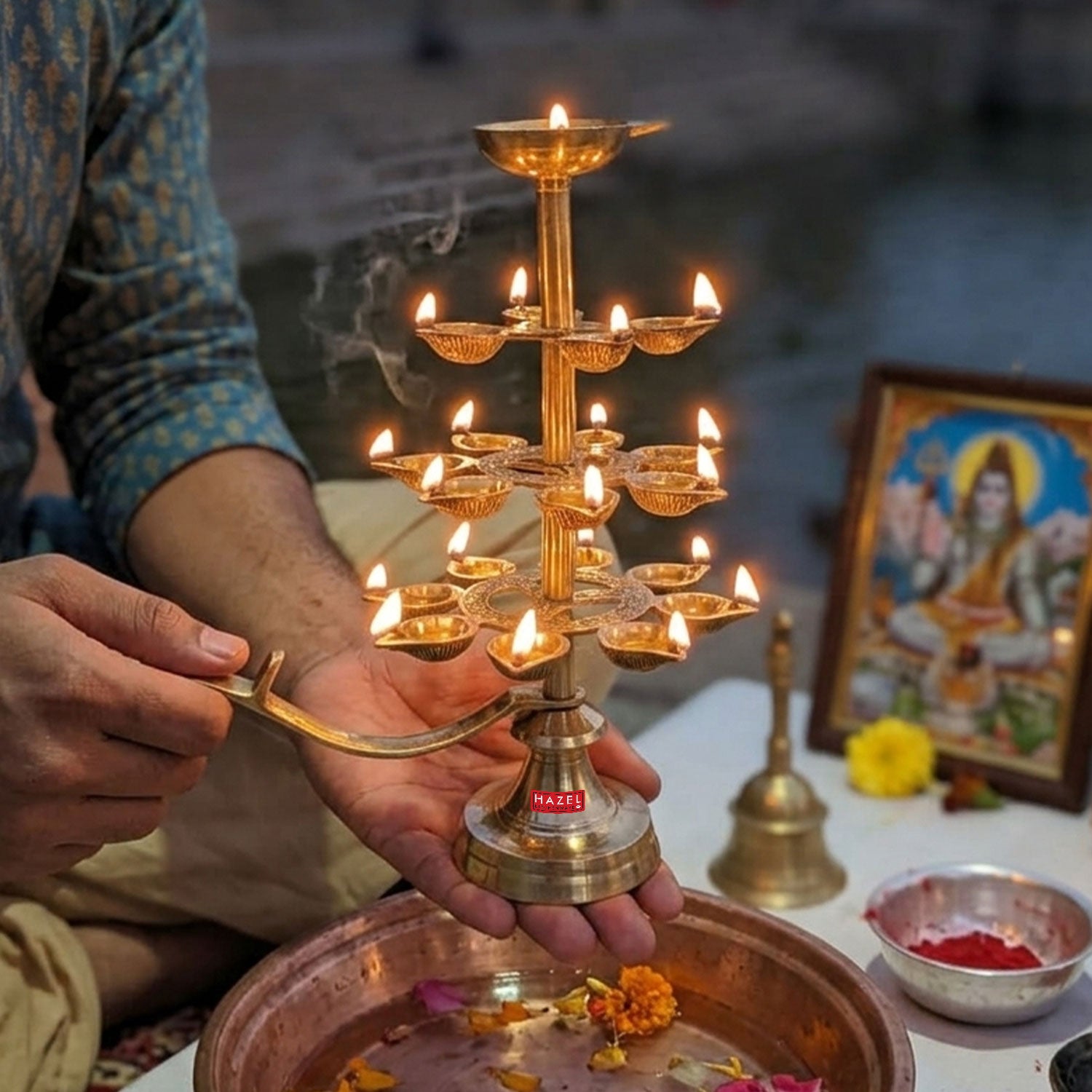 4 Tier 21 Wicks Brass Ganga Aarti Diya, Brass Pooja Aarti Lamp for Temple