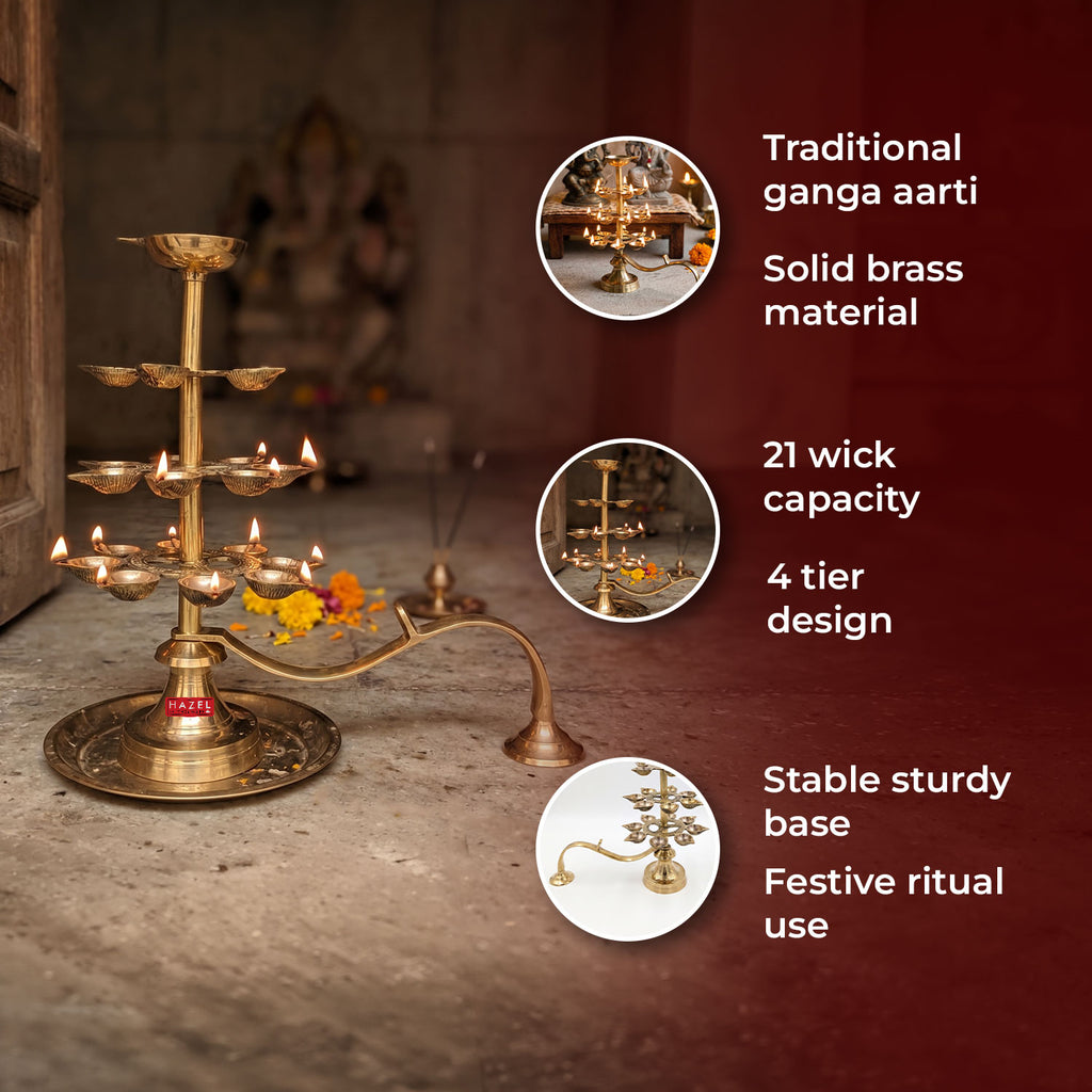 4 Tier 21 Wicks Brass Ganga Aarti Diya, Brass Pooja Aarti Lamp for Temple