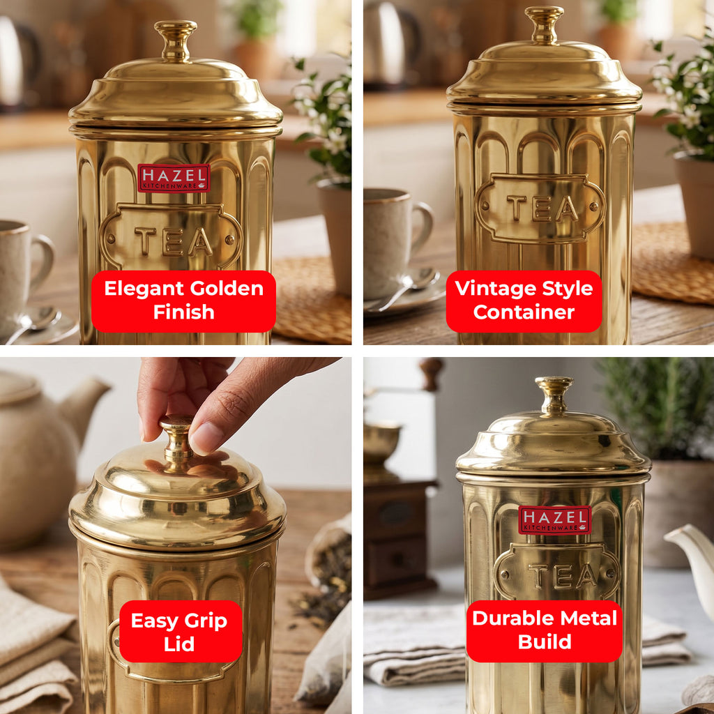 Tea Golden Container with Lid, Galvanized Iron Tea Storage Canister, 800 ml