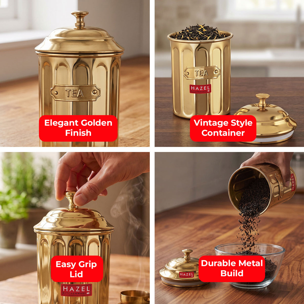 Tea Golden Container with Lid, Galvanized Iron Tea Storage Canister, 800 ml