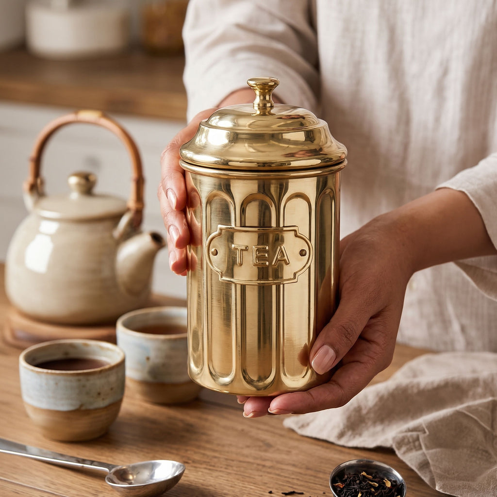Tea Golden Container with Lid, Galvanized Iron Tea Storage Canister, 800 ml