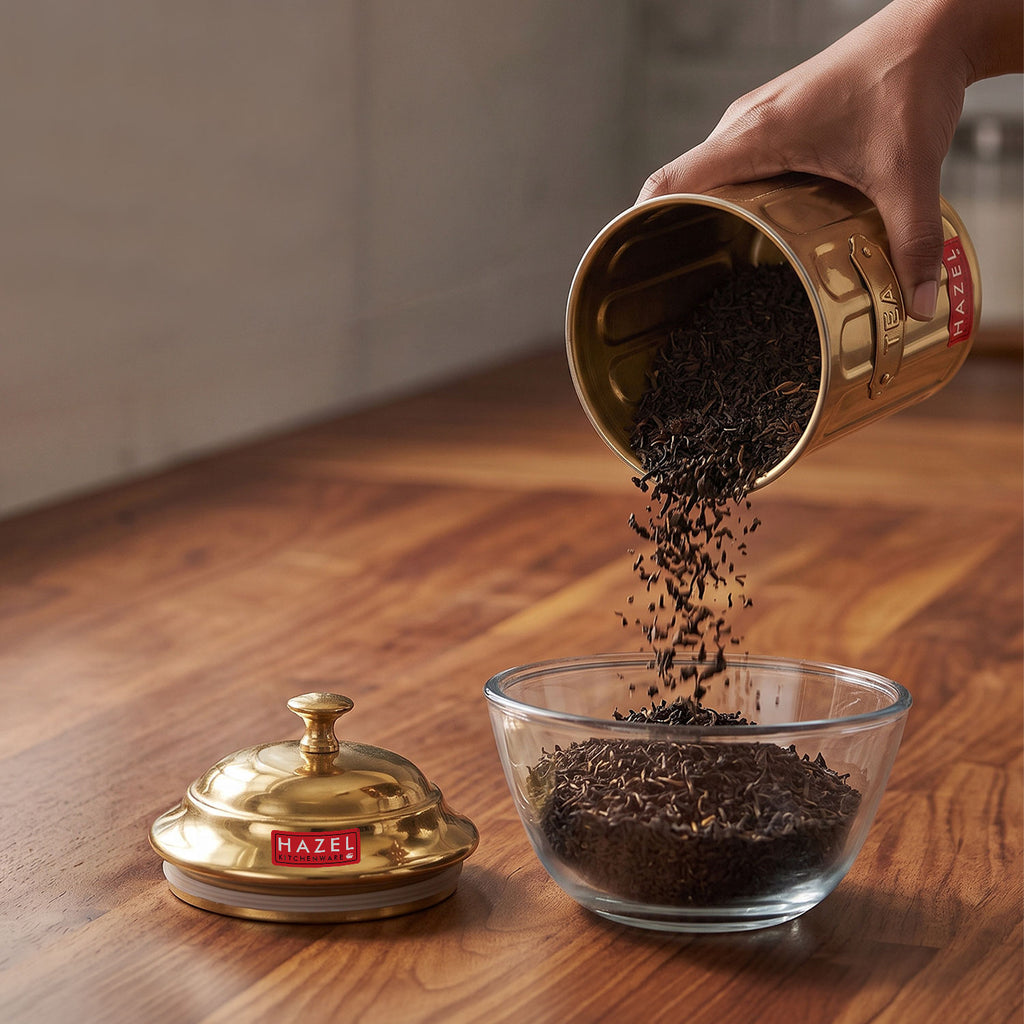 Tea Golden Container with Lid, Galvanized Iron Tea Storage Canister, 800 ml