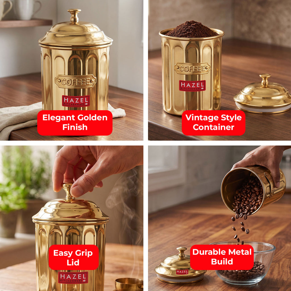 Coffee Storage Container with Lid, Golden Metal Kitchen Canister, 800 ml