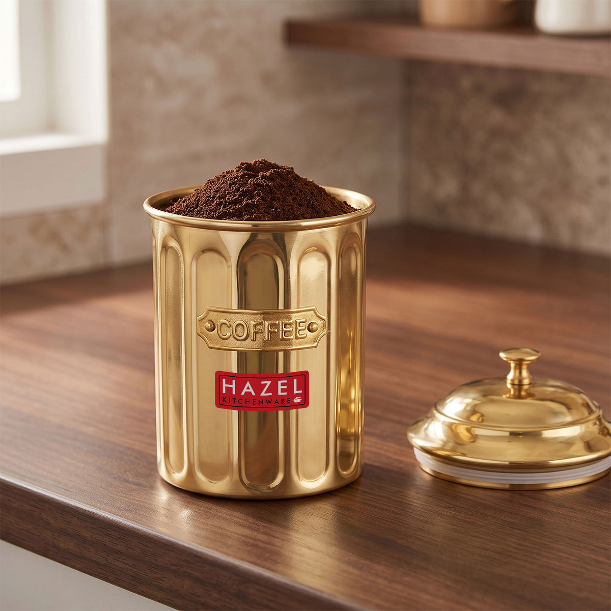 Coffee Storage Container with Lid, Golden Metal Kitchen Canister, 800 ml