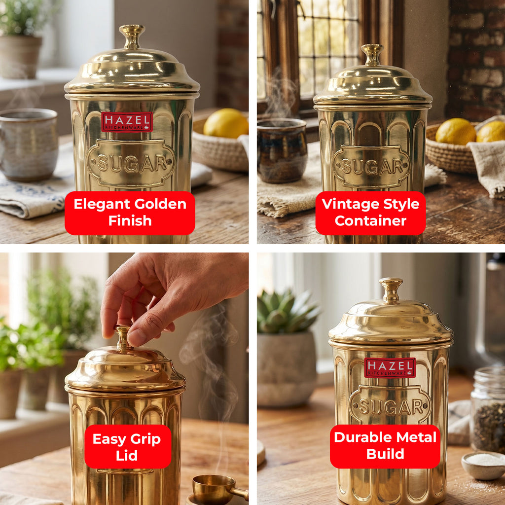 Golden Sugar Container with Lid, Galvanized Iron Storage Jar, 800 ml