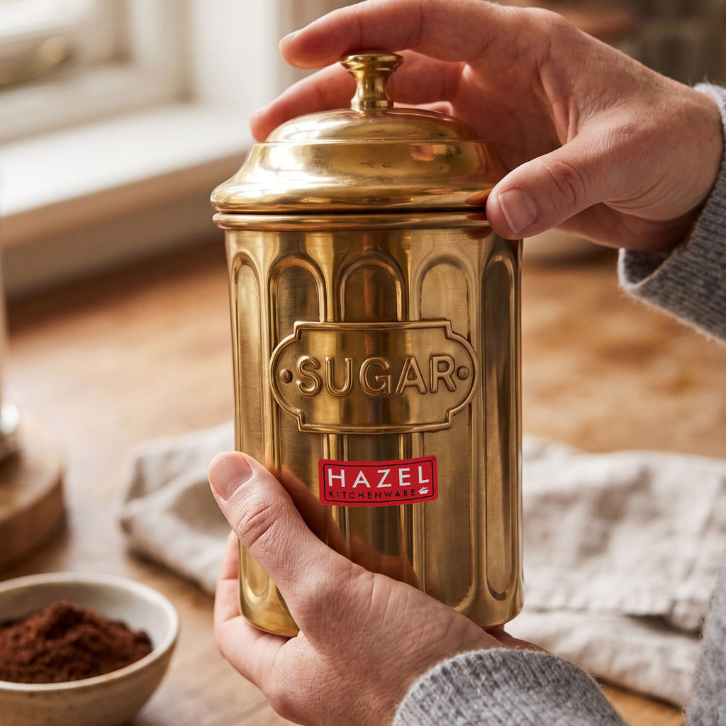 Golden Sugar Container with Lid, Galvanized Iron Storage Jar, 800 ml