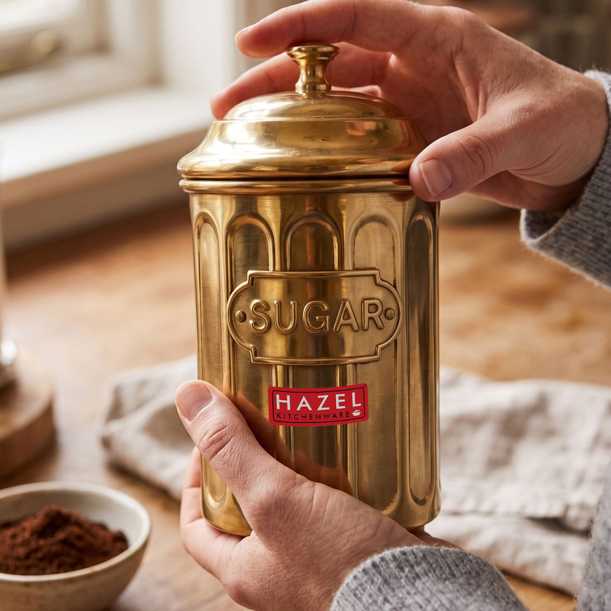 Golden Sugar Container with Lid, Galvanized Iron Storage Jar, 800 ml