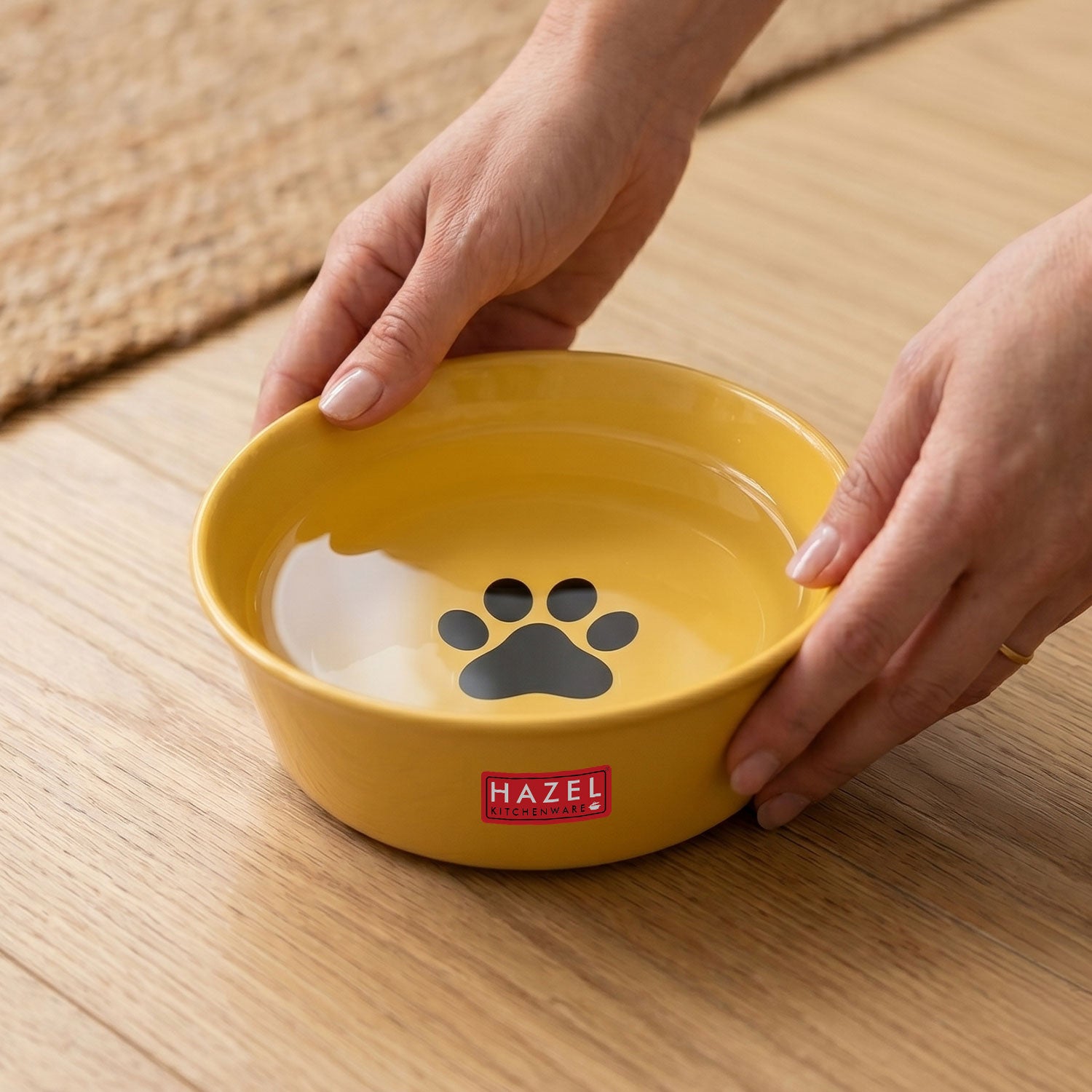 Galvanized Iron Pet Water Bowl with Paw Print Design, 450 ml, Yellow