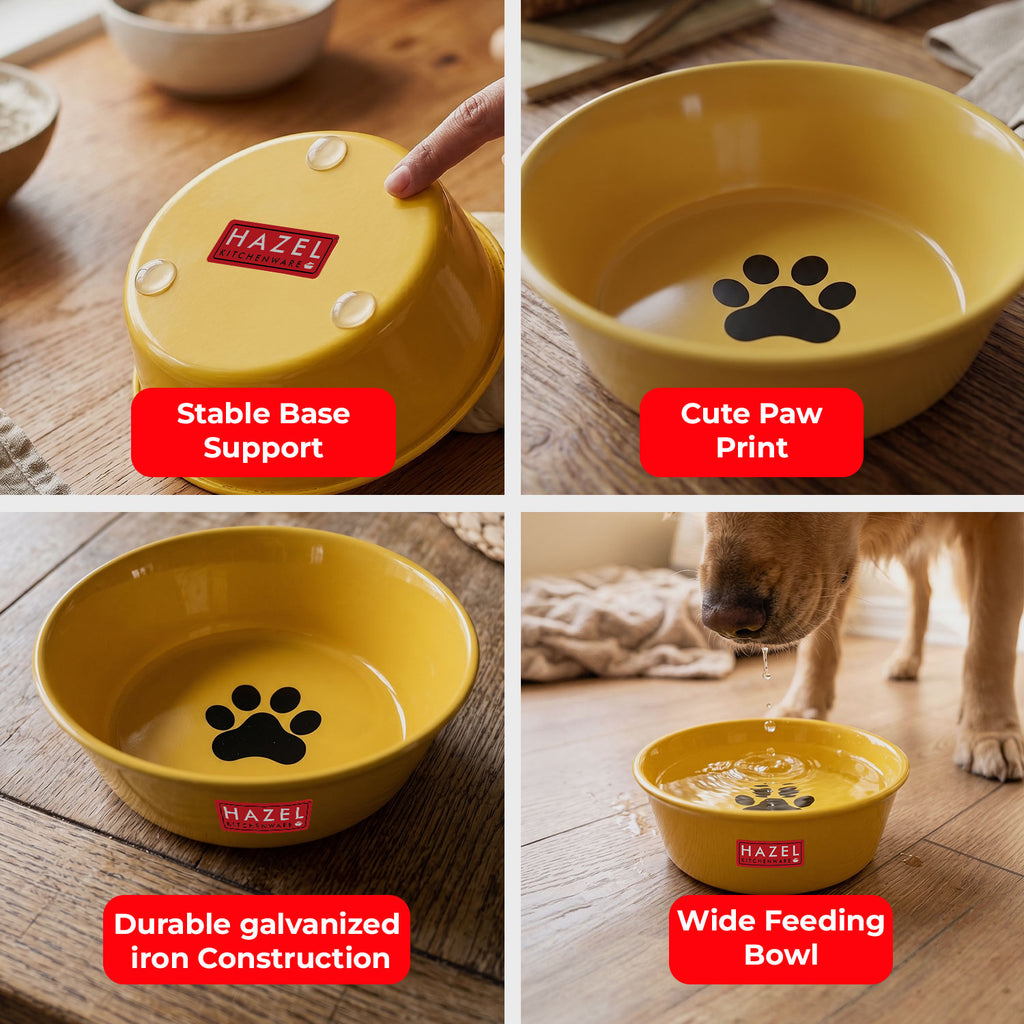 Galvanized Iron Pet Water Bowl with Paw Print Design, 450 ml, Yellow