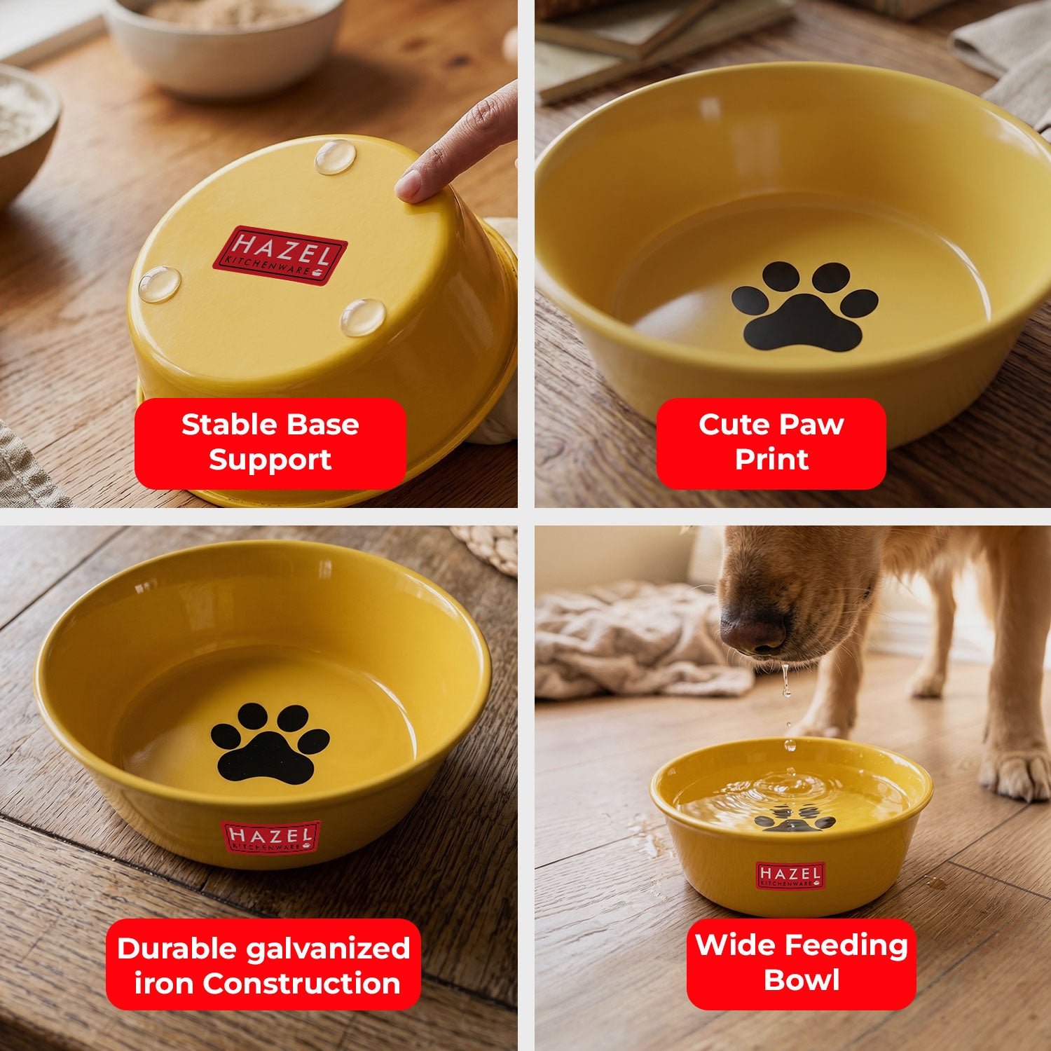 Galvanized Iron Pet Water Bowl with Paw Print Design, 450 ml, Yellow
