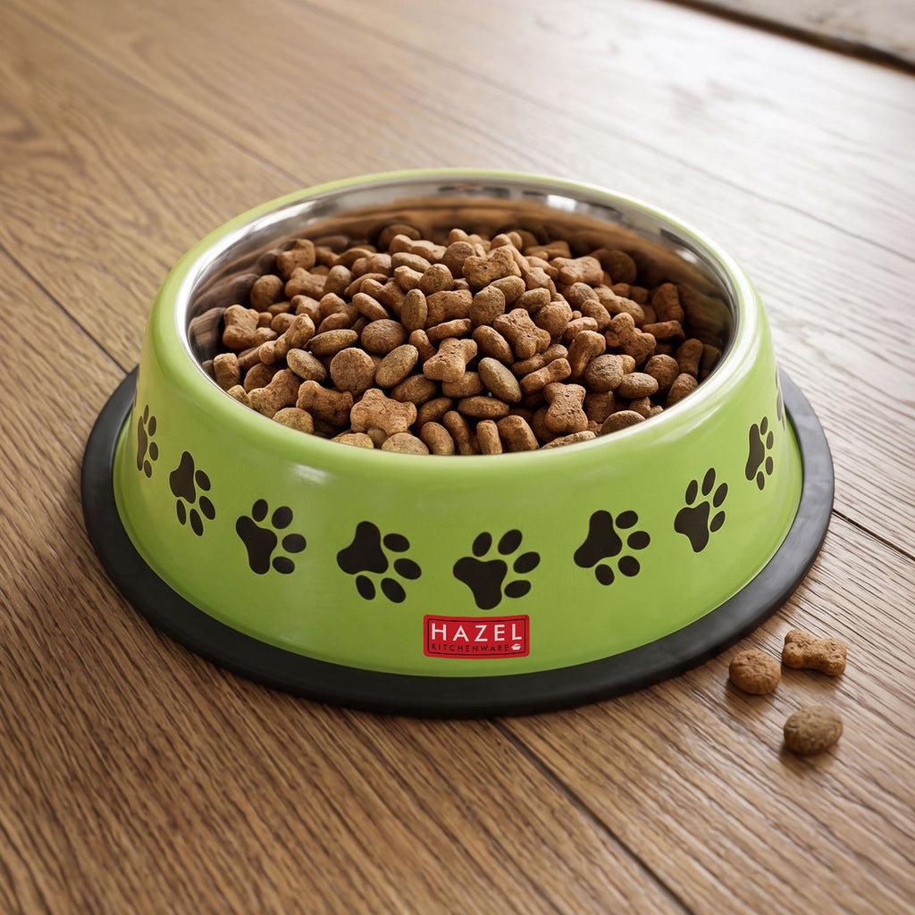 Stainless Steel Pet Food Bowl with Paw Print Design, 600 ml, Green