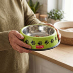 Stainless Steel Pet Food Bowl with Paw Print Design, 600 ml, Green