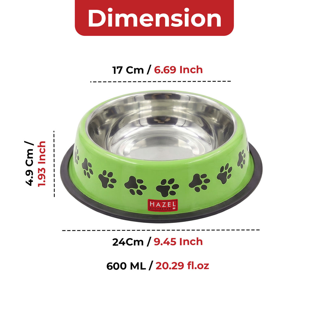 Stainless Steel Pet Food Bowl with Paw Print Design, 600 ml, Green